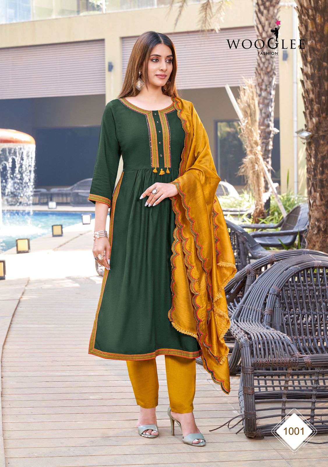 CORAL RAYON WEAVING KURTI WITH COTTON LYCRA PANT AND CHANDERI DUPATTA WITH WORK BY WOOGLEE BRAND 1001